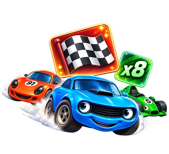 Turbo Toon Racers slot game artwork featuring colorful cartoon racing cars competing on a vibrant track