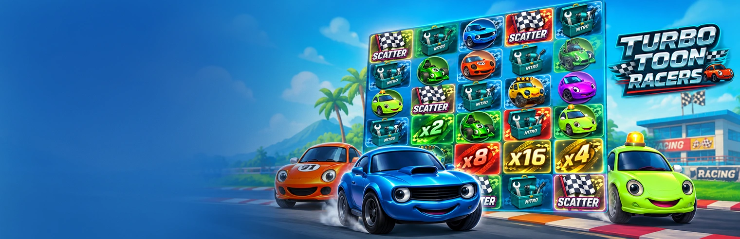 Turbo Toon Racers slot game banner featuring colorful cartoon racing cars competing on a vibrant track