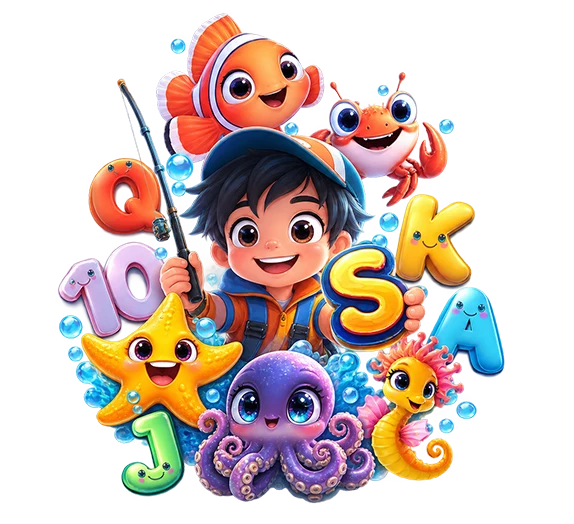 Underwater Adventure slot game artwork featuring a young diver surrounded by colorful fish, a crab, octopus and seahorse