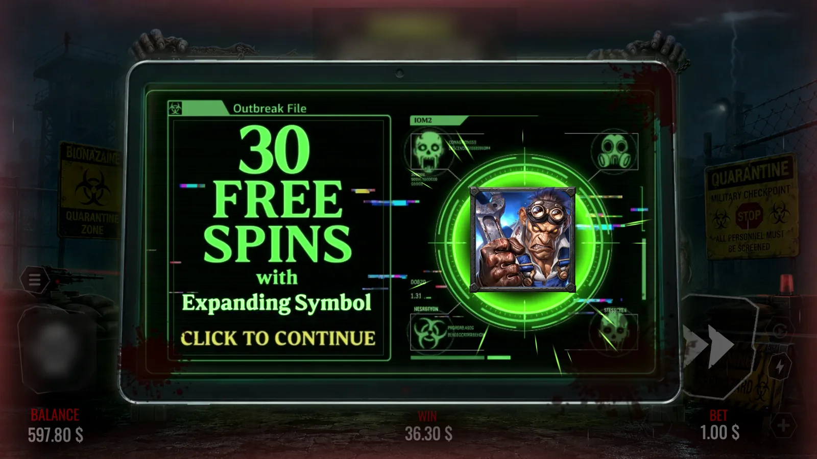 A bonus introduction displays the selected character beside the free-spin award and the words Expanding Symbol.