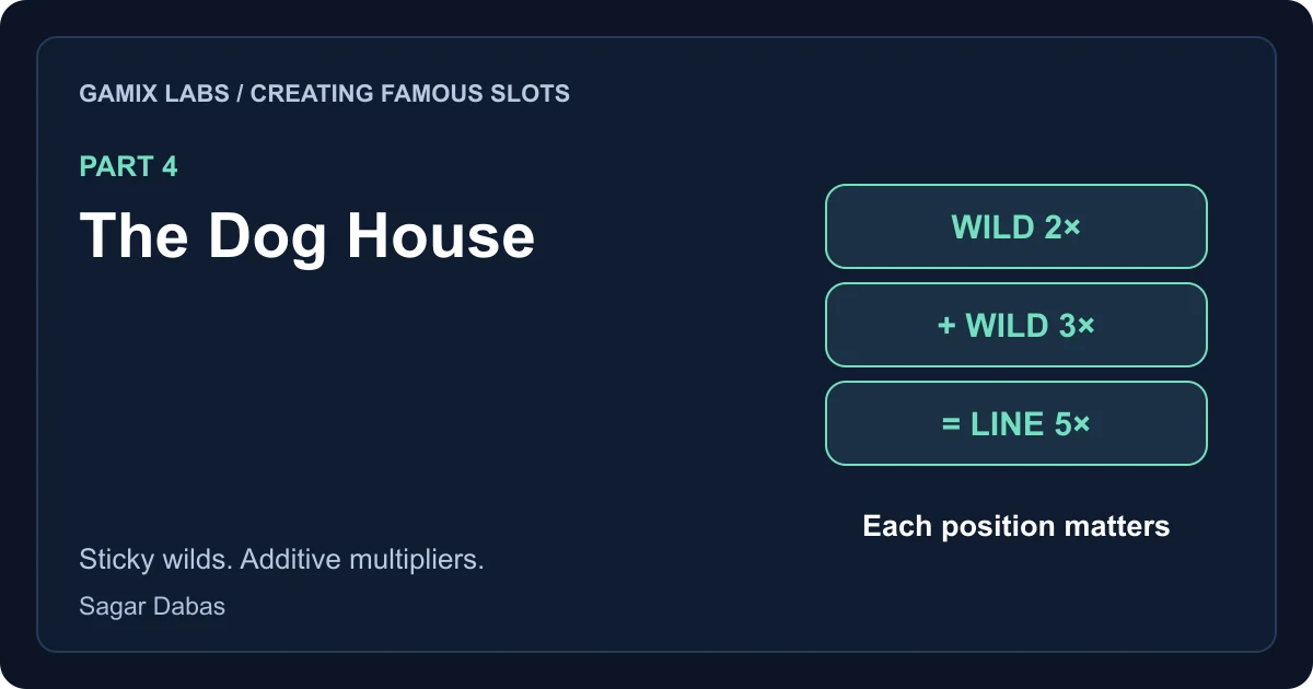 Creating Famous Slots, Part 4: The Dog House. Two wild values, 2× and 3×, combine into a 5× line multiplier.
