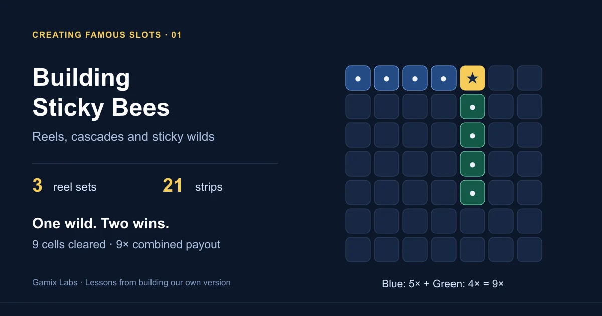 Building a Sticky Bees-style game: three reel sets and 21 strips, with a board showing two fruit clusters sharing one wild.