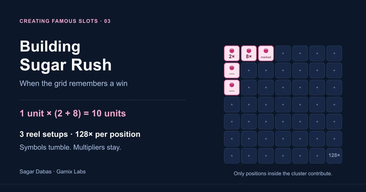 Creating Famous Slots, Part 3: Sugar Rush. A winning cluster crosses positions carrying 2× and 8× multipliers.