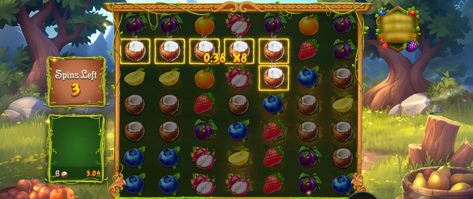 Six connected coconut symbols highlighted in our fruit-themed slot, with a 0.38 × 8 payout calculation and a 3.04 award in the win panel.