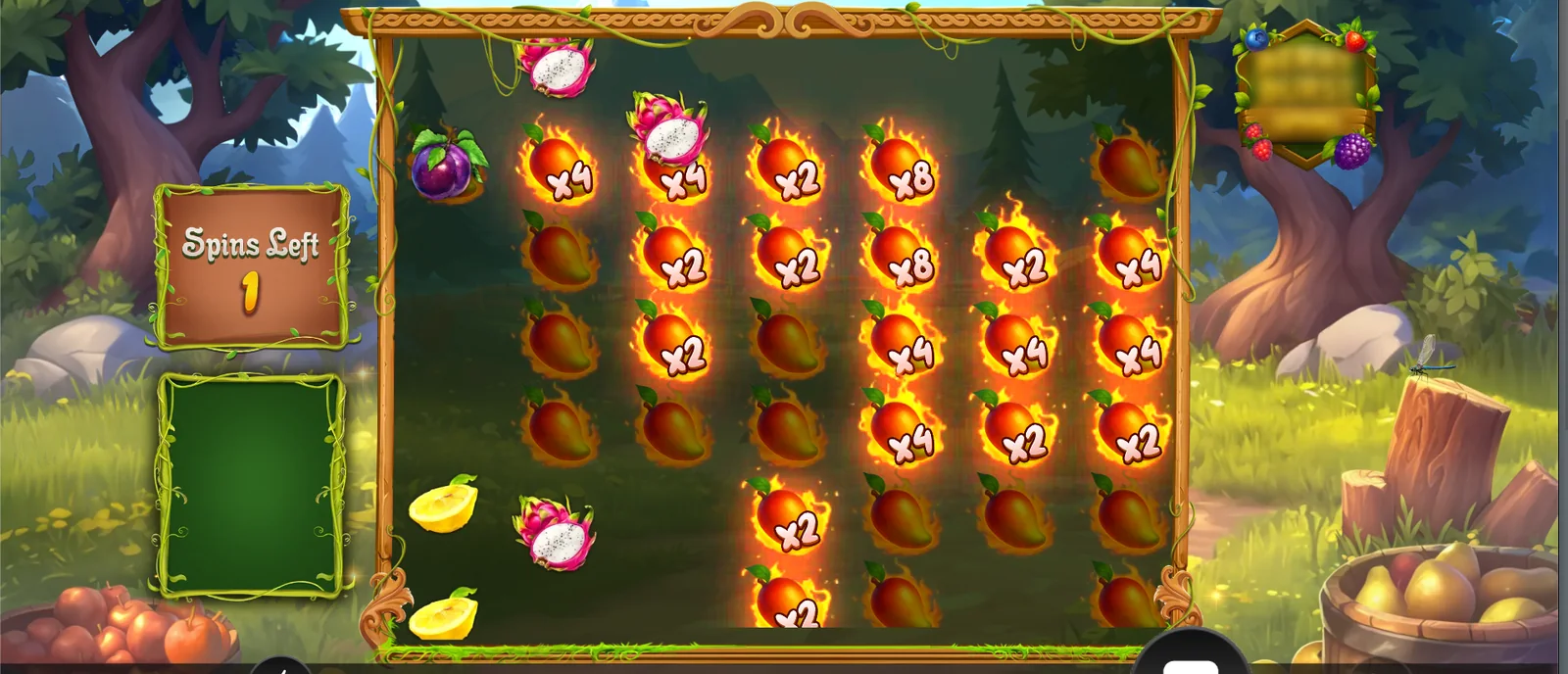 Our fruit-themed slot during a tumble, with 2×, 4× and 8× multiplier positions visible across the seven-by-seven grid and one free spin left.