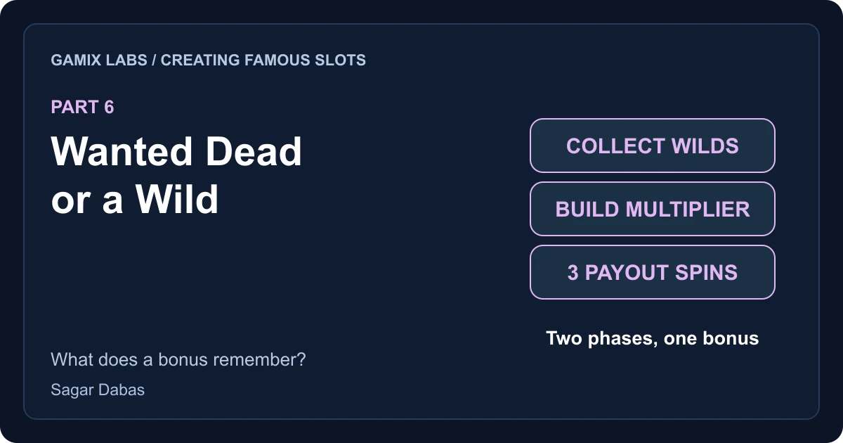 Creating Famous Slots, Part 6: Wanted Dead or a Wild. A collection phase builds wilds and a multiplier for three later payout spins.