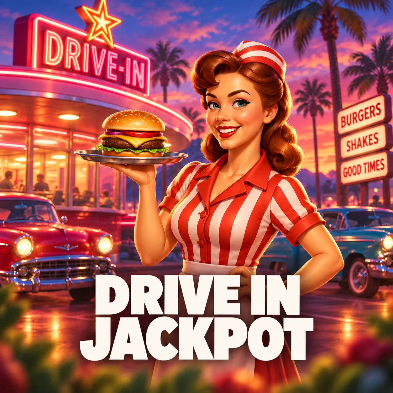 Drive-In Jackpots slot game featuring glowing neon lettering in blue and orange on a dark background