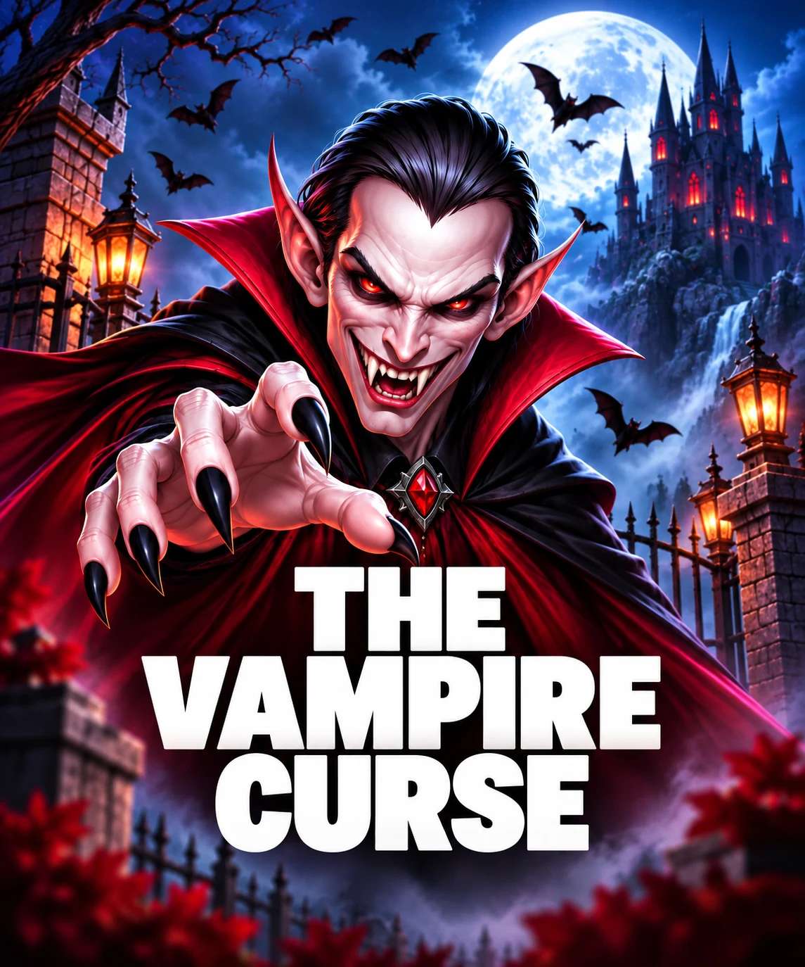 The Vampire Curse slot game featuring a dark gothic vampire-themed logo with a red and purple fantasy backdrop