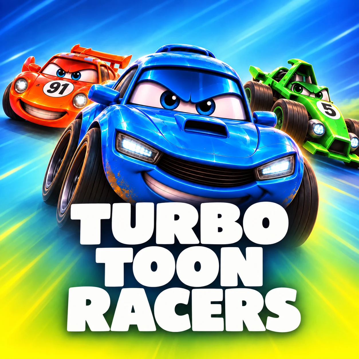 Turbo Toon Racers slot game featuring colorful cartoon racing cars competing on a vibrant track